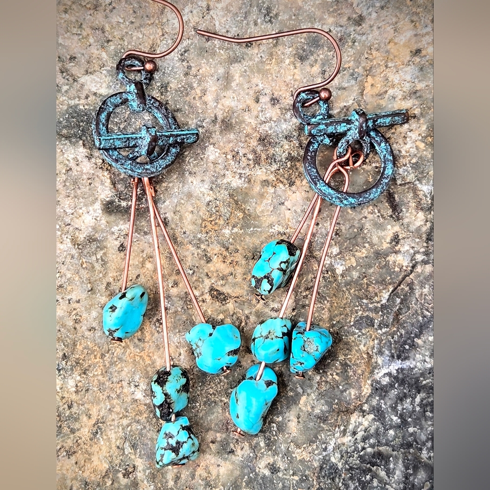 Genuine Turquoise In Royal Green Blue Verdigris Earrings For A Puebloan Warrior